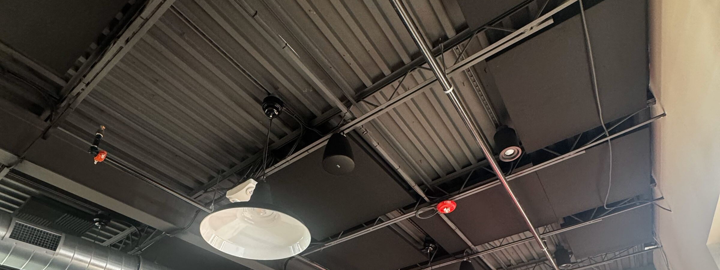 Fabric Wrapped Acoustic Ceiling Panels at Sly Bandit Brewing